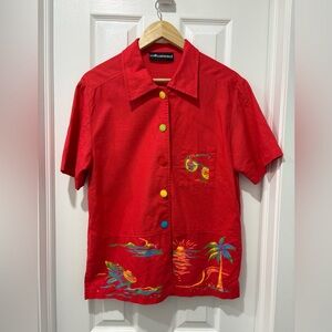 Vintage women’s Red Hawaiian Shirt with Tropical print and sun buttons Medium